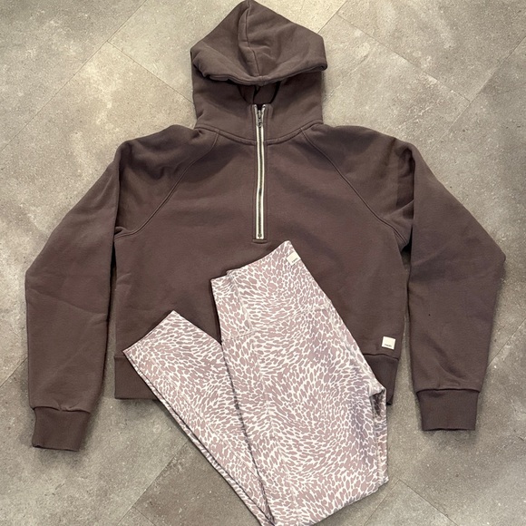 Vuori Pants - Vuori Women’s Cropped Half-Zip Hoodie with Printed Leggings-Brown/Mauve Sz Small